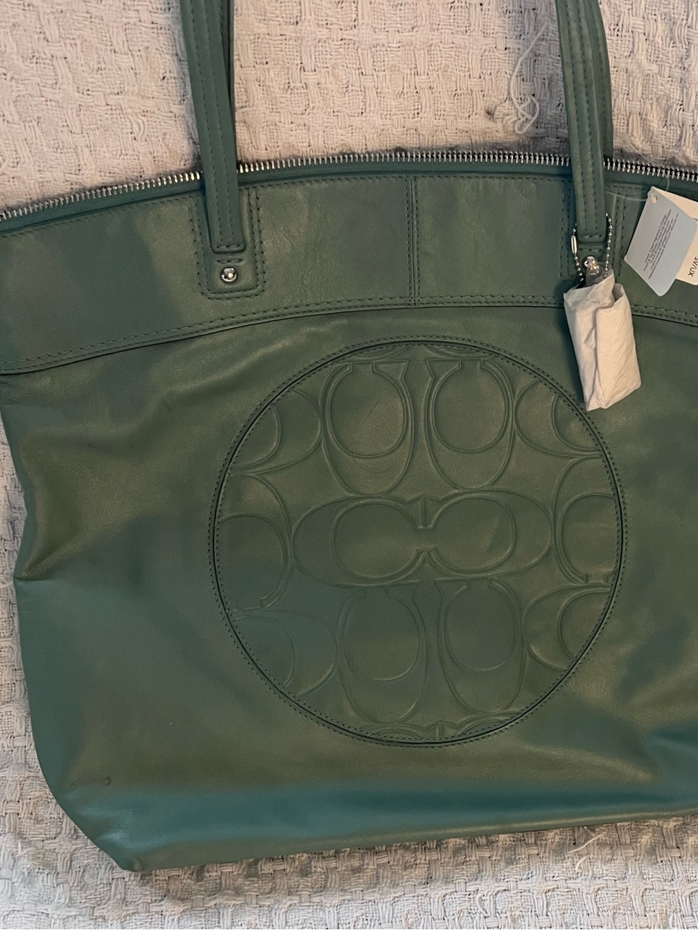 Coach Green Leather Tote with Embossed Signature Circle